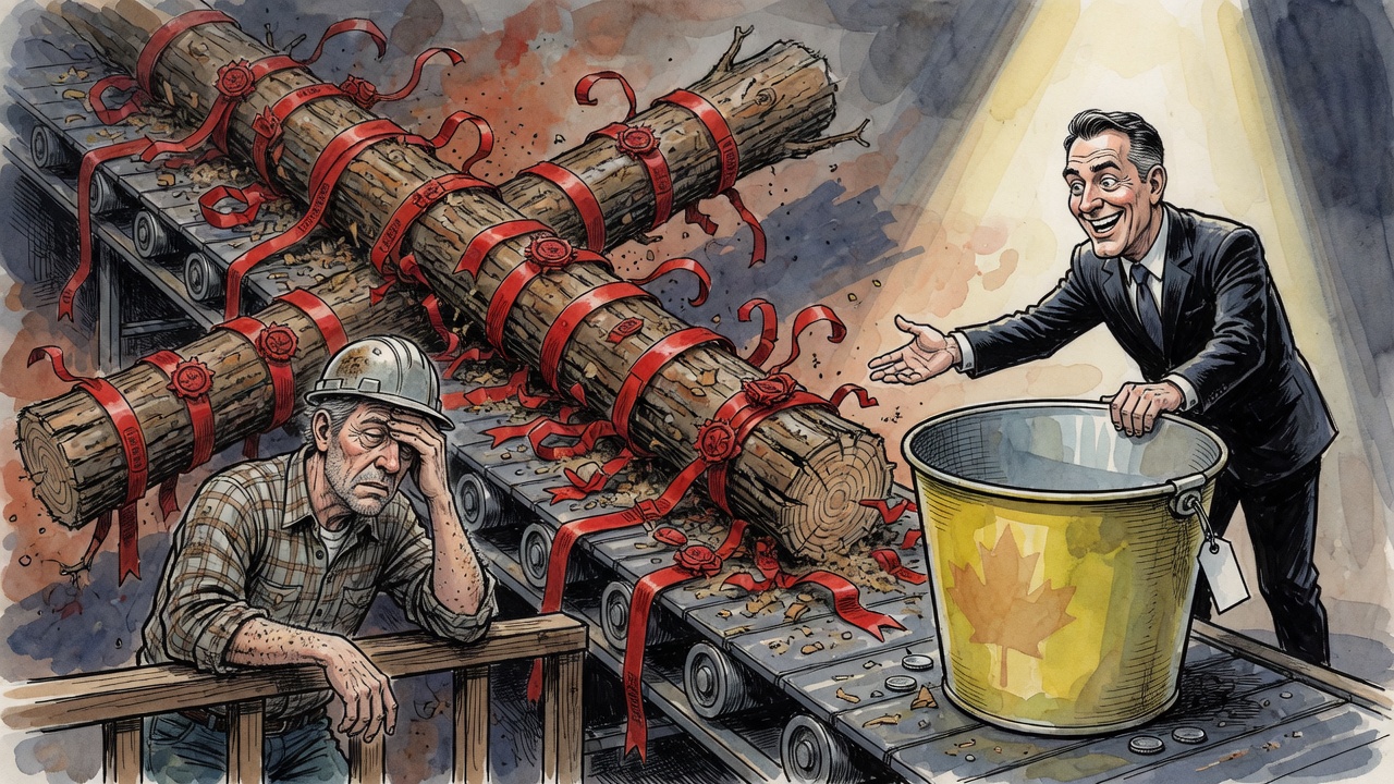 Editorial cartoon of a mill worker facing a jammed sawmill conveyor while a politician offers an empty money bucket