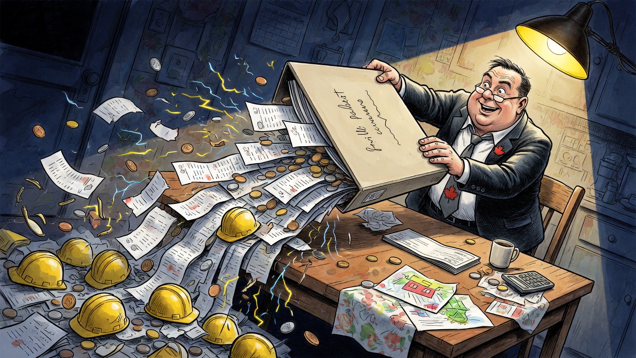 Editorial cartoon of a politician opening a binder as household receipts and bills spill across a kitchen table