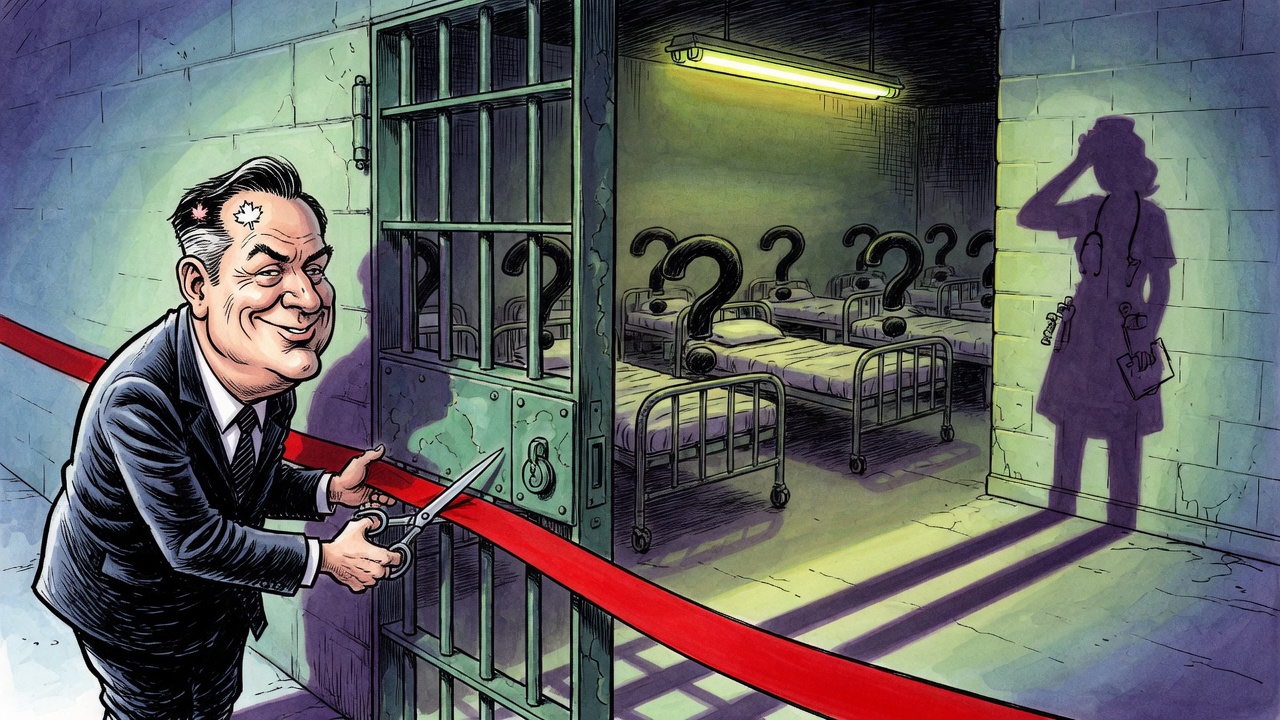 Editorial cartoon of a politician cutting a ribbon at a locked institutional gate while empty question-mark beds and a nurse shadow sit inside