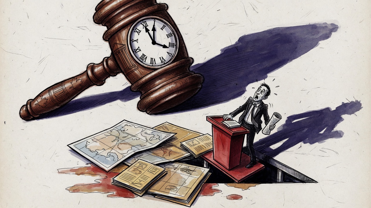 Editorial cartoon of a huge Supreme Court clock and gavel casting a shadow over a campaign podium as land-title files spill open