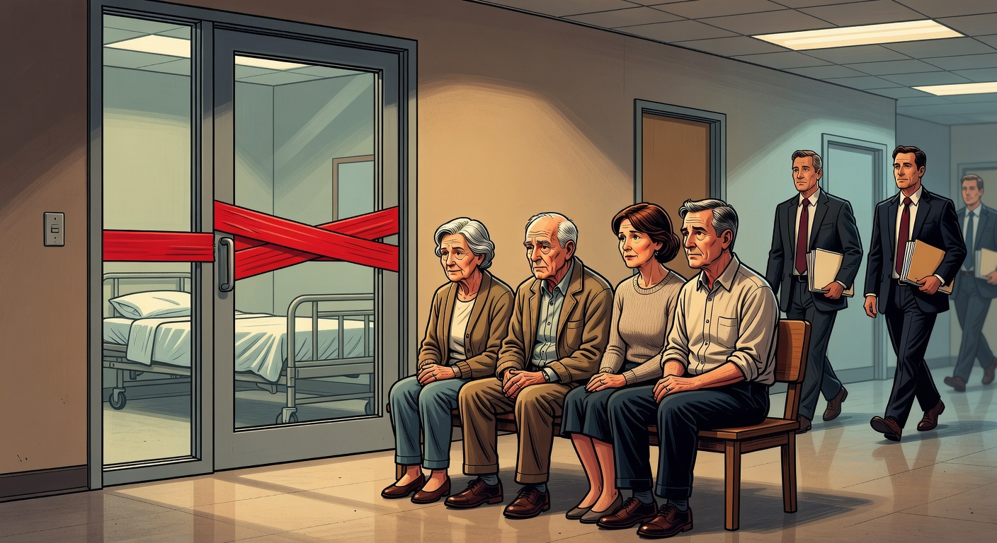 Cartoon showing seniors and families waiting for long-term-care beds behind red tape